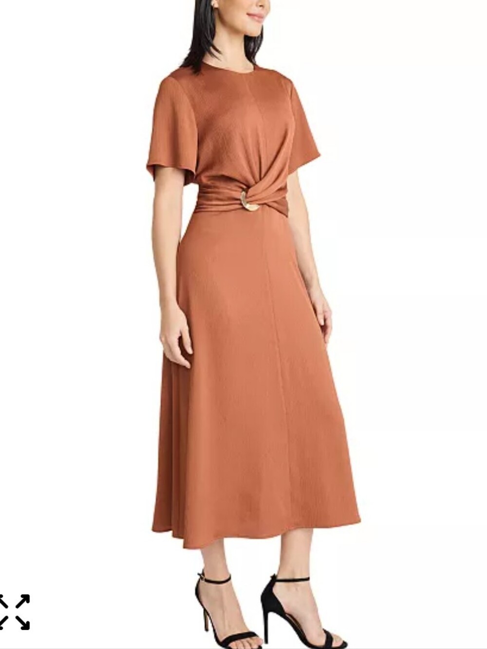 Maggie London Twisted Front Gold Waist Detail Midi Dress - Rust Size 12